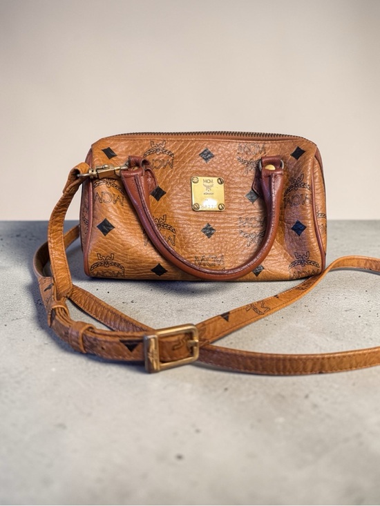 MCM Handbags - MCM Cognac Visetos Mini Crossbody Satchel with Gold Hardware